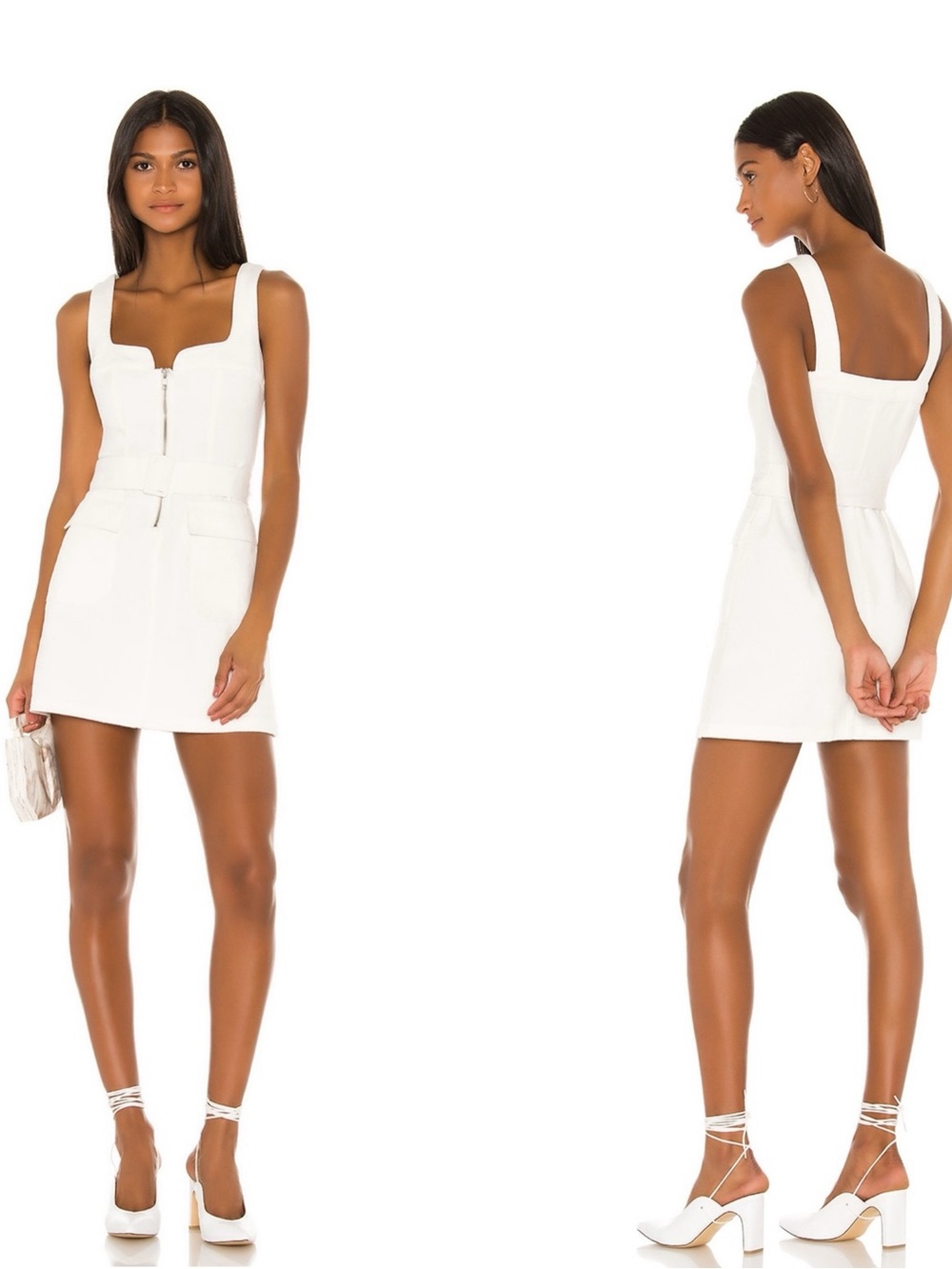 L'Academie Charmine White Zip Front Mini Dress XS Structured Sleeveless Dress